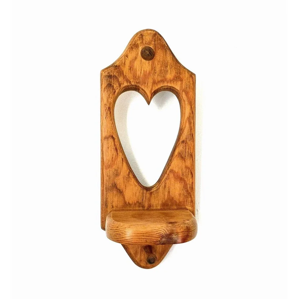 Vintage Pine Wood Peg Shelf with Heart Cutout Handmade Wall Hang Country Rustic